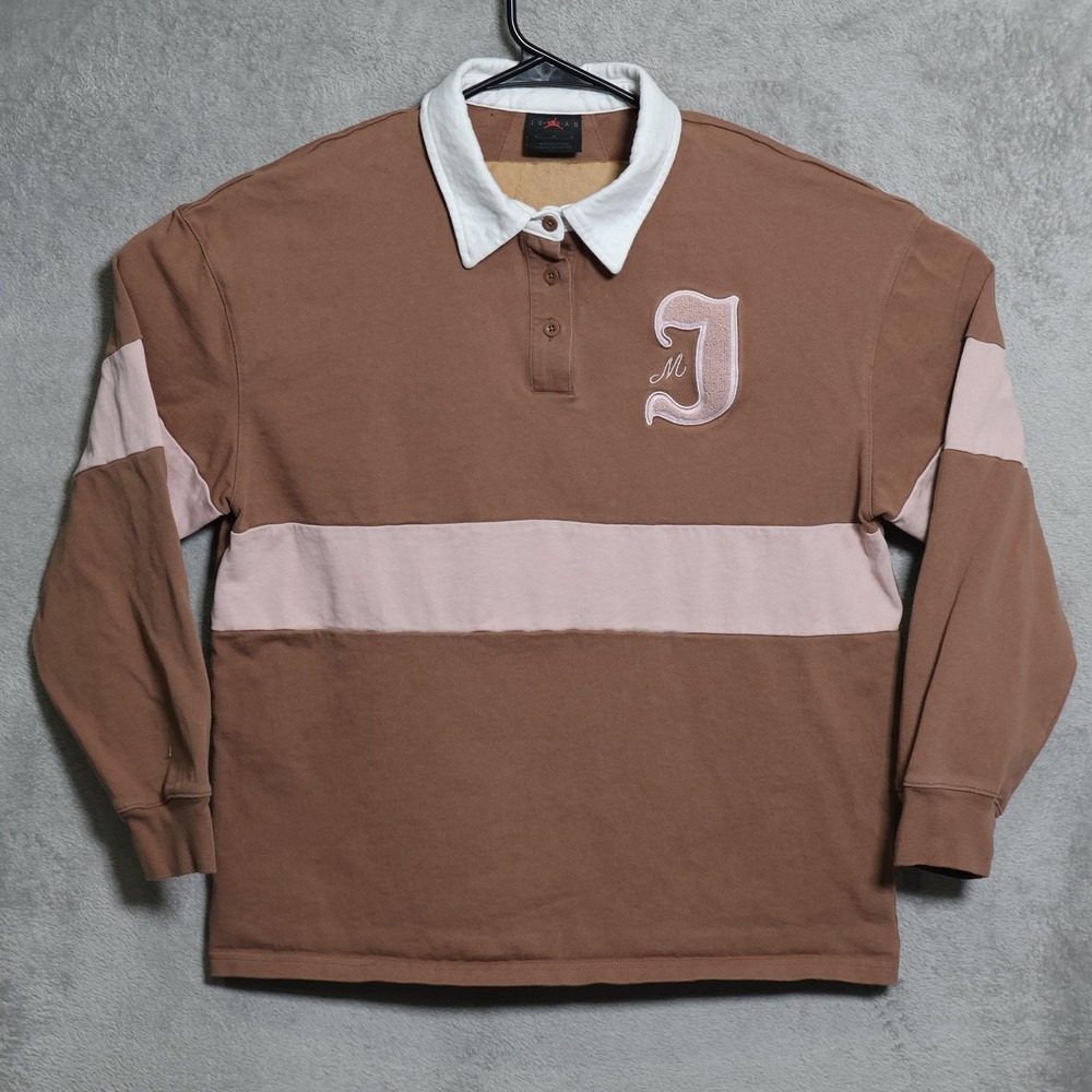 Jordan Polo Shirt Womens Medium Brown Pink Rugby Striped Chenille FV7182-223